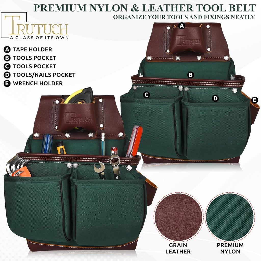 Ceinture porte-équipements en nylon et cuir | Sacoche/pochette destiné à équipements de charpenterie | destiné à charpentiers, ouvriers du bâtiment, charpentiers et électriciens (Vert)