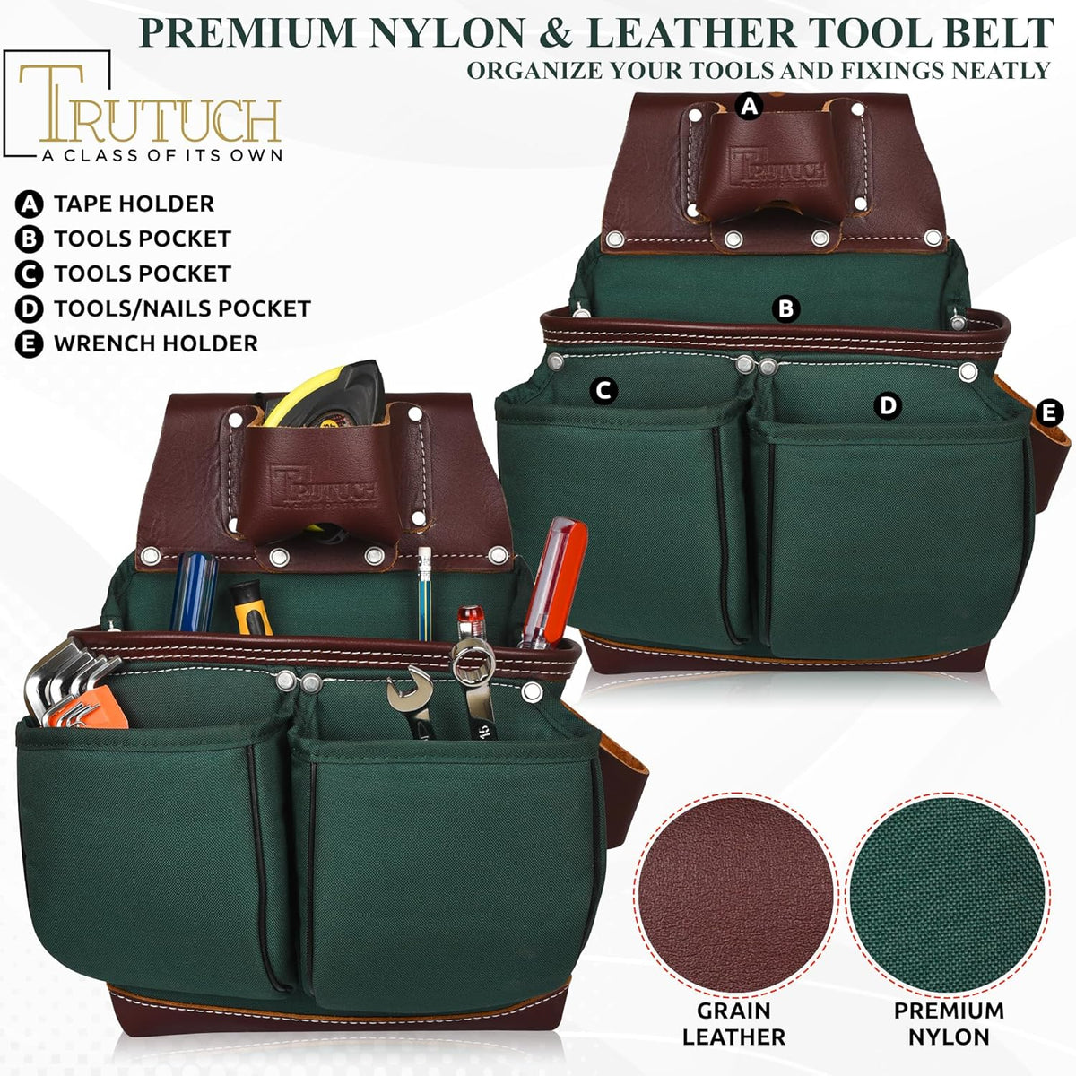 Ceinture porte-équipements en nylon et cuir | Sacoche/pochette destiné à équipements de charpenterie | destiné à charpentiers, ouvriers du bâtiment, charpentiers et électriciens (Vert)