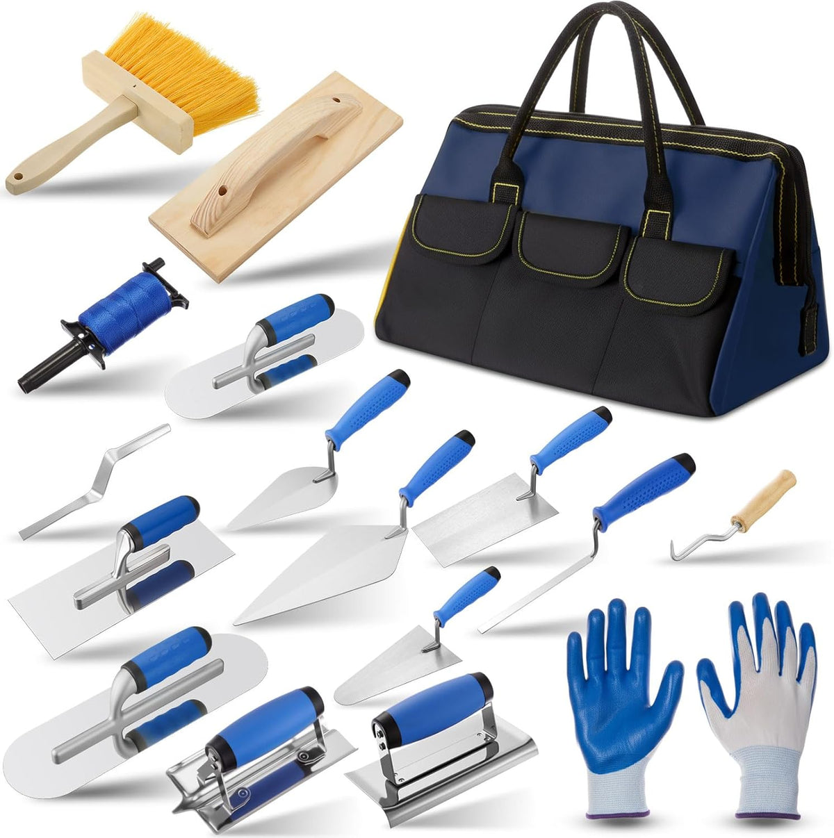 ensemble d'équipements de maçonnerie SiliFine 18 pièces doté de sac à équipements, comprenant couteaux à mastic, gants, crochets à barres d'armature et équipements en acier inoxydable destiné à la maison, le bricolage et les travaux de maçonnerie...