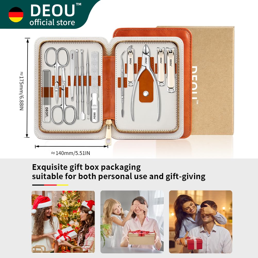 DEOU Ensemble de manucure pour usage professionnel 13 pièces destiné à femmes, en acier inoxydable, doté de trousse de voyage portable de luxe (cadeau).