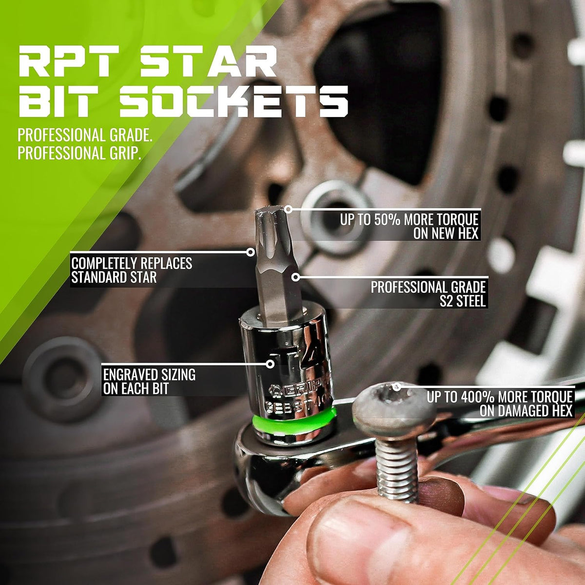 équipements GRIPEDGE | Ensemble de 9 tournevis Torx RPT | Tailles T6 à T40 | Entraînement 1/4" | Fabriqué en acier S2 | Comprend un rail de douilles en aluminium de qualité supérieure |