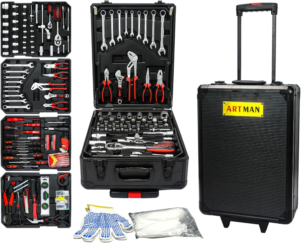 Coffret d'outils pratiques pour la maison et l'automobile - 899 pièces. Coffret d'outils à roulettes, ensemble complet d'outils à main, idéal pour les particuliers, les bricoleurs et les hommes à tout faire.