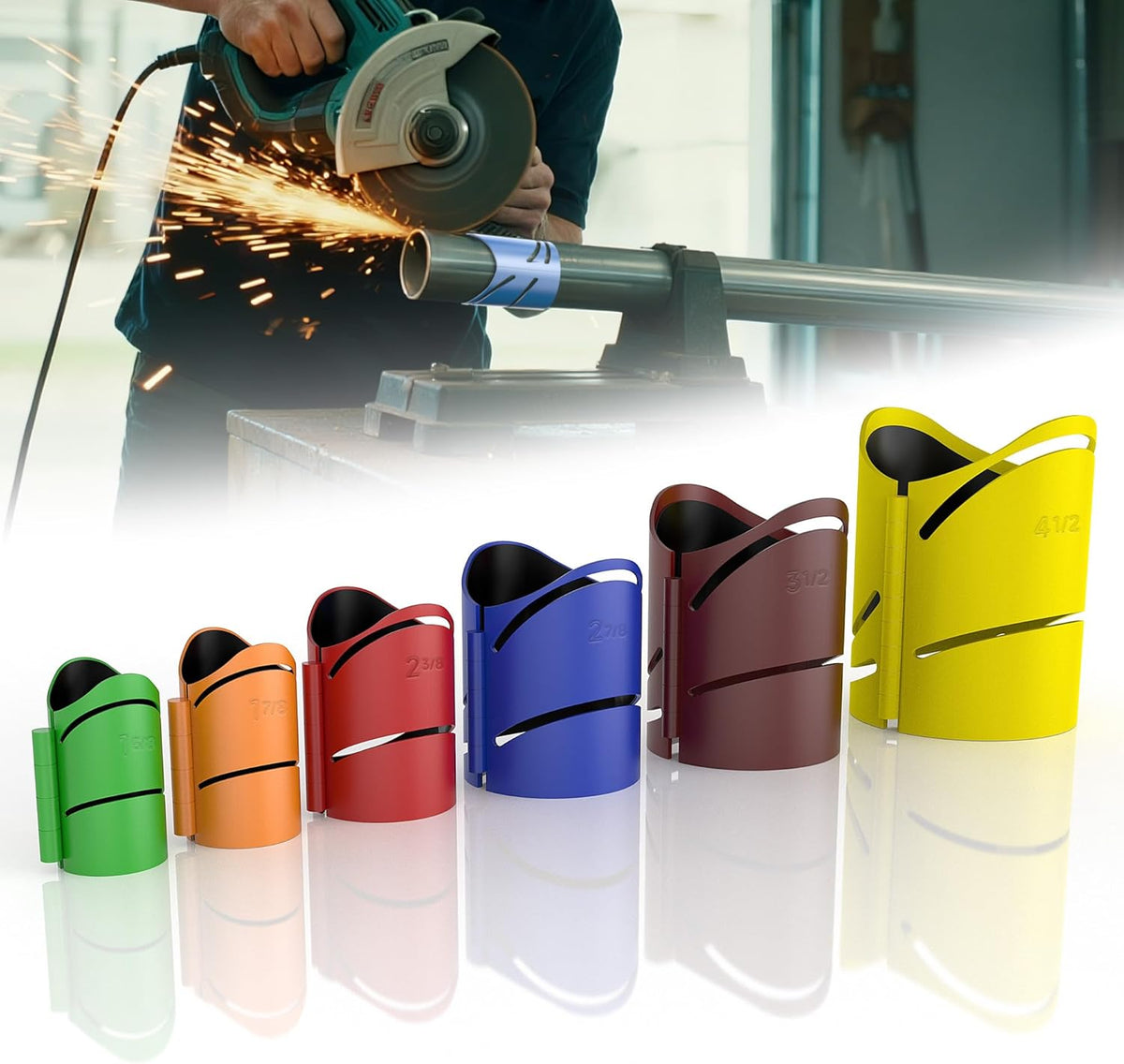 Ensemble de 6 guides de coupe destiné à tubes métalliques - Diamètres de tubes compatibles : 1-5/8, 1-7/8, 2-3/8, 2-7/8, 3-1/2, 4-1/2 | Marquage possible à 22,5°, 45°, 90° | Coupes en croix et en selle | Revêtement magnétique anti-déplacement