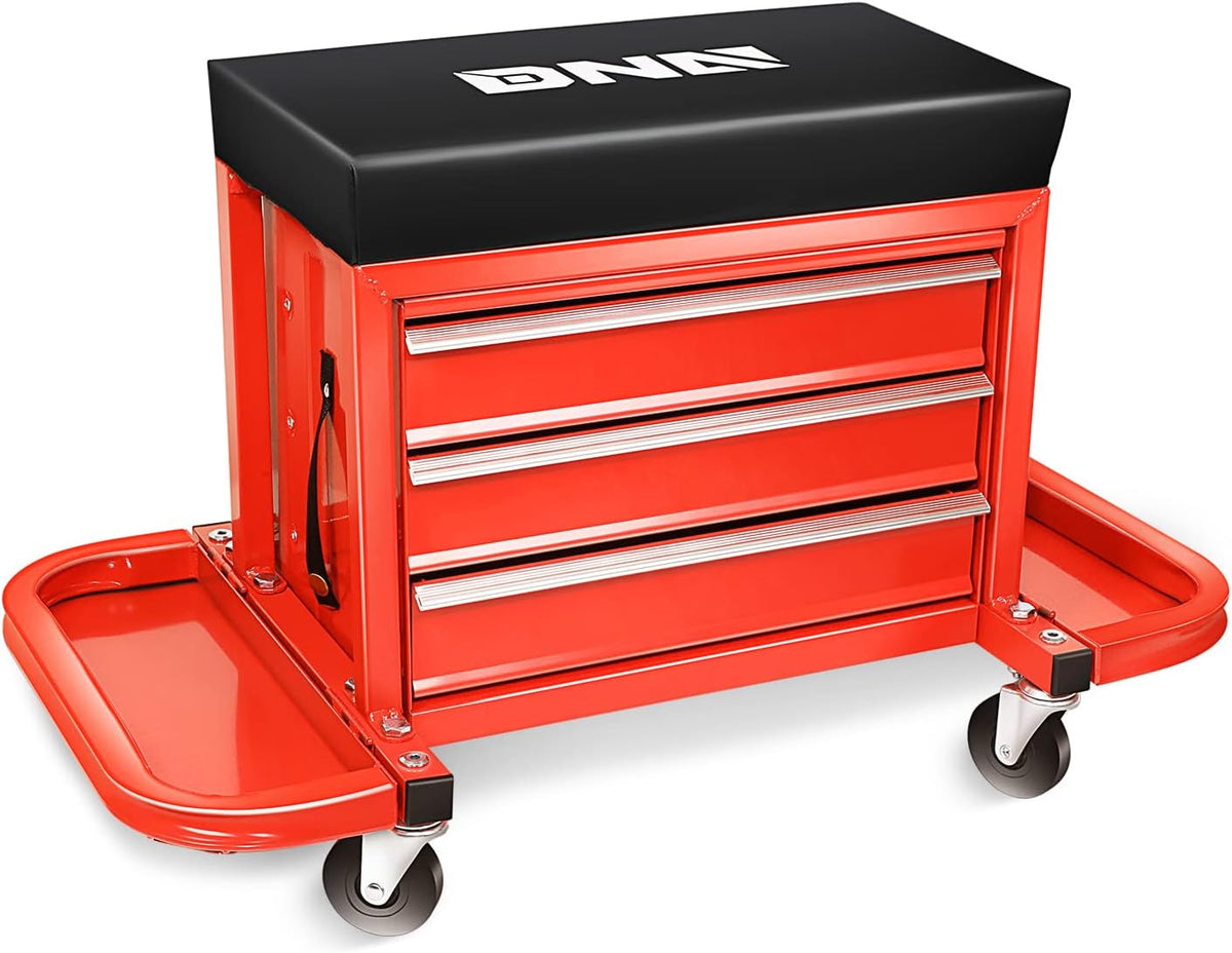 Coffre à outils à 3 tiroirs DNA Motoring TOOLS-00261 avec siège de mécanicien roulant et plateaux à outils, capacité de charge maximale de 159 kg (350 lb), rouge – Pratique