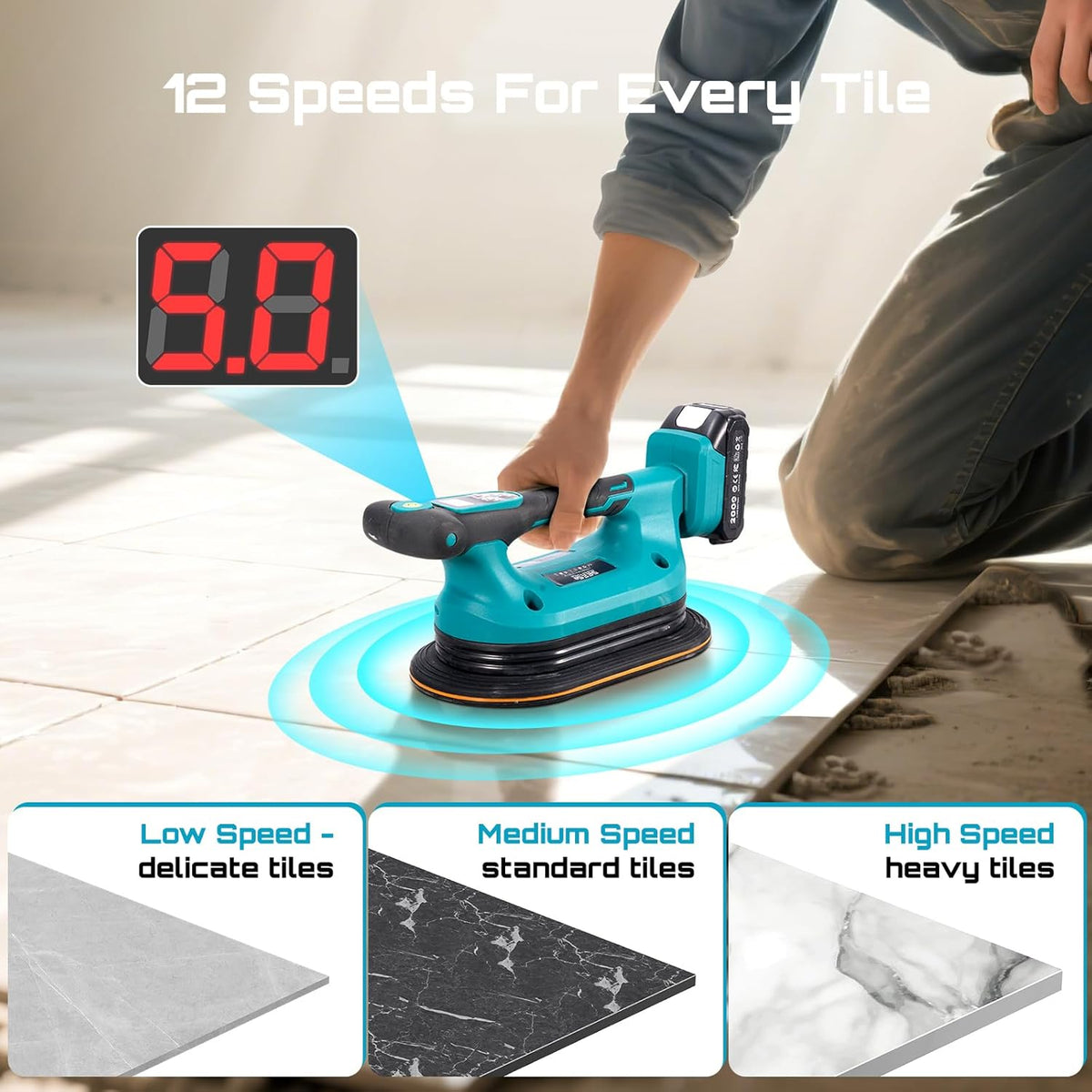 SEESII Dispositif de vibration destiné à carrelage 2 en 1 et ventouse électrique 285 mm – 12 vitesses, 10 heures d'autonomie, convient aux carreaux de 12×12 po à 89×89 po, puissance d'aspiration de 250 kg/550 lb