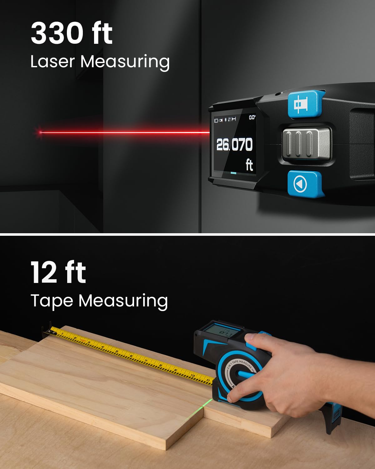 Mètre laser numérique ACEGMET DTX10 doté de laser d'alignement vert, portée laser de 100 m et ruban en acier de 3,7 m, haute précision, rechargeable par USB-C, synchronisation doté de une application intelligente, outil de mesure destiné à la...