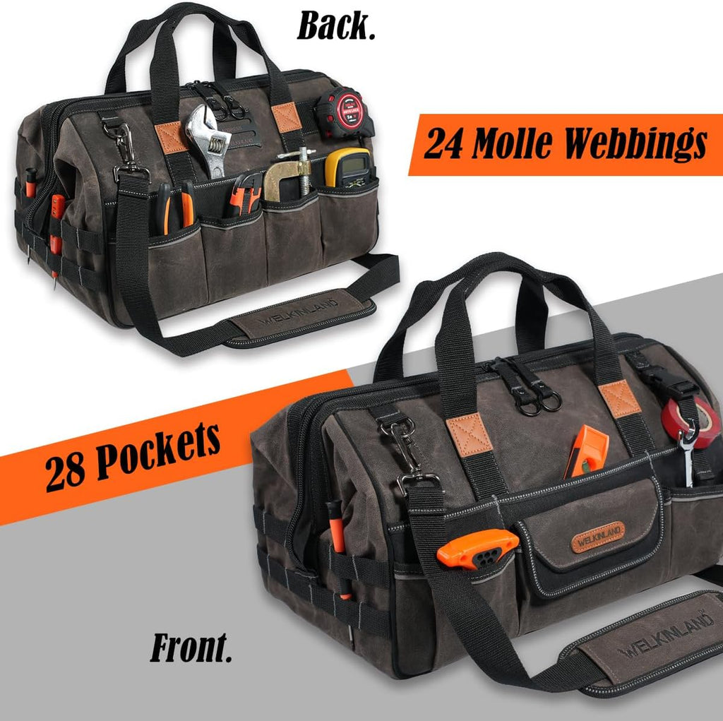 Sac à équipements WELKINLAND 45,7 cm (18 pouces) en toile cirée, sac à équipements électrique robuste, sac à équipements à grande ouverture et 28 poches, sac à équipements de 36 L destiné à hommes, sac à équipements CVC à accès rapide