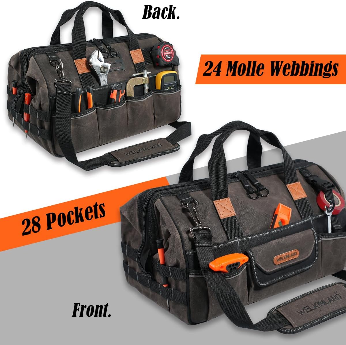 Sac à équipements WELKINLAND 45,7 cm (18 pouces) en toile cirée, sac à équipements électrique robuste, sac à équipements à grande ouverture et 28 poches, sac à équipements de 36 L destiné à hommes, sac à équipements CVC à accès rapide