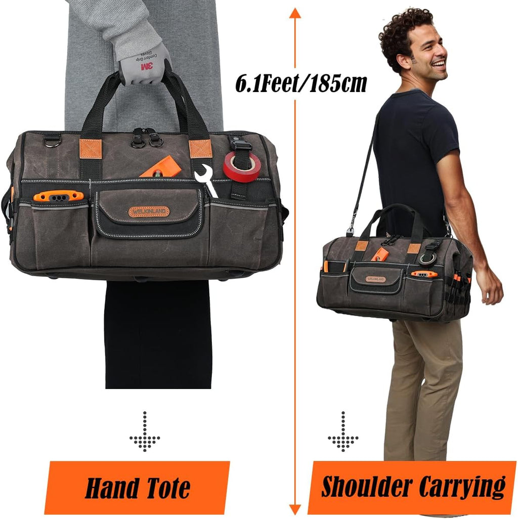Sac à équipements WELKINLAND 45,7 cm (18 pouces) en toile cirée, sac à équipements électrique robuste, sac à équipements à grande ouverture et 28 poches, sac à équipements de 36 L destiné à hommes, sac à équipements CVC à accès rapide