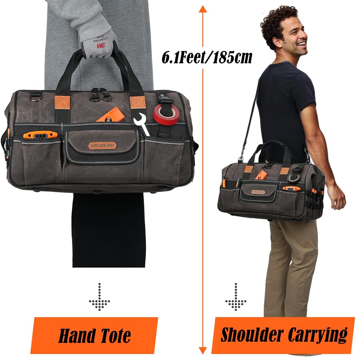 Sac à équipements WELKINLAND 45,7 cm (18 pouces) en toile cirée, sac à équipements électrique robuste, sac à équipements à grande ouverture et 28 poches, sac à équipements de 36 L destiné à hommes, sac à équipements CVC à accès rapide