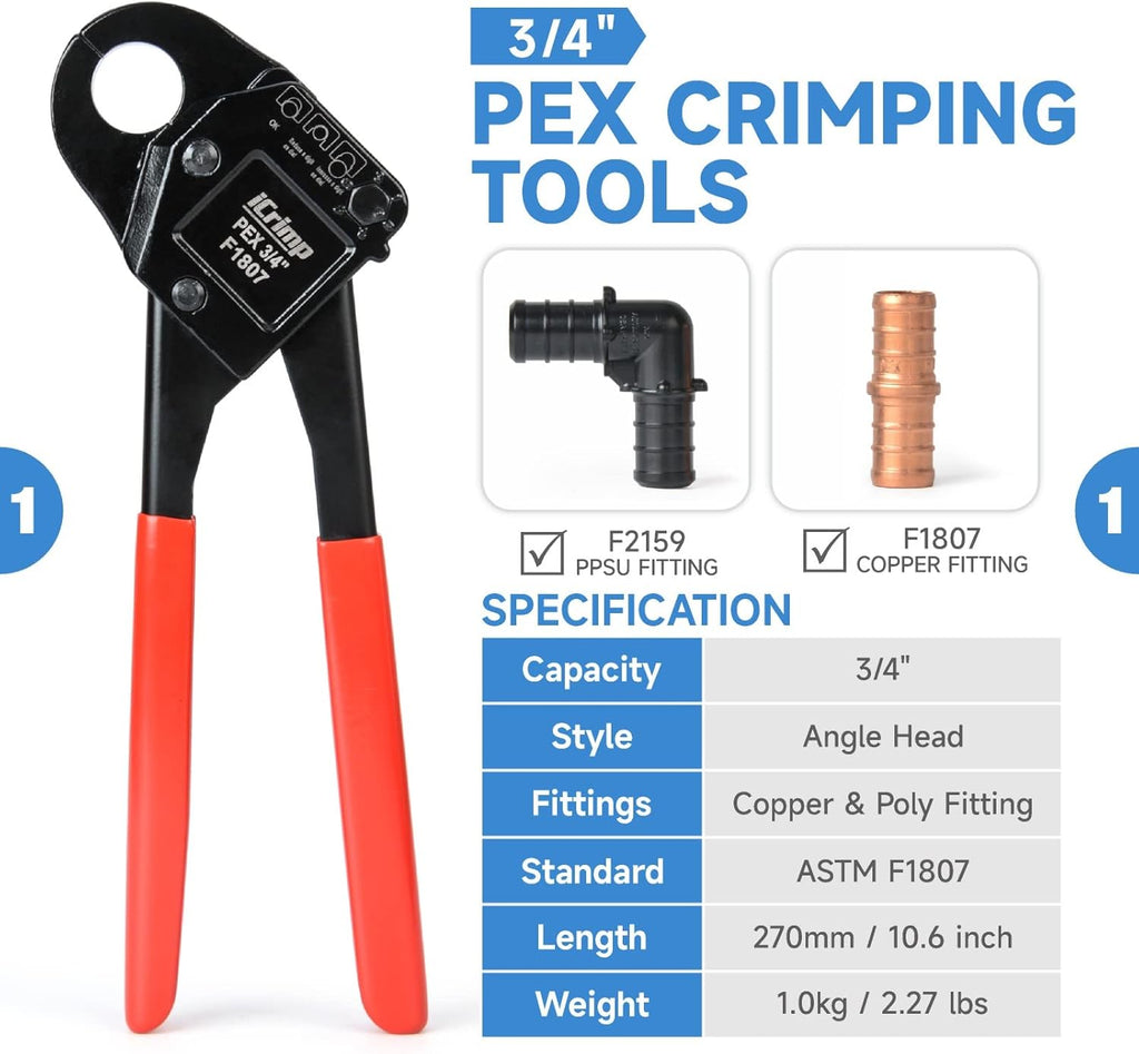 ensemble d'équipements de sertissage iCrimp IWS-1807CN destiné à tubes PEX, comprenant des pinces à sertir, un coupe-tubes et un outil d'extraction de bagues en cuivre destiné à bagues de sertissage de 1/2" et 3/4", conforme à la norme ASTM F1807.
