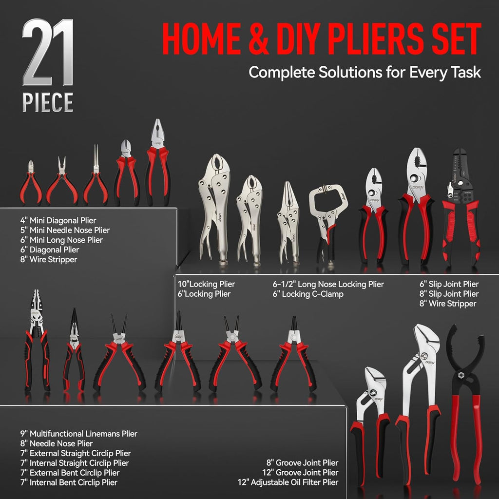 Ensemble de pinces DISEN, assortiment complet de 21 pinces doté de embouts en EVA, ensemble d'équipements polyvalent idéal destiné à la maison, les fêtes et la fête des pères.