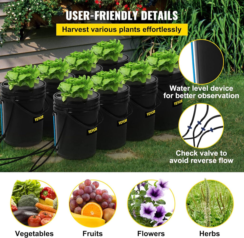 Système hydroponique VEVOR DWC 5 gallons (19 litres) doté de 8 seaux, kit de culture hydroponique en eau profonde, pompe, pierre à air et dispositif de contrôle du niveau d'eau destiné à légumes-feuilles d'intérieur/extérieur