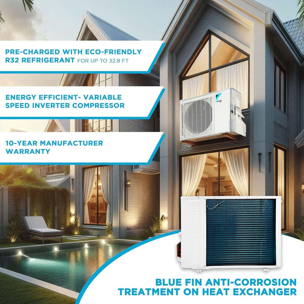 Système de pompe à chaleur mini-split sans conduit Daikin 18 000 BTU 18 SEER2 Entra R32 Series doté de kit d'installation tout inclus Maxwell de 15 pi et support de montage mural (230 V)