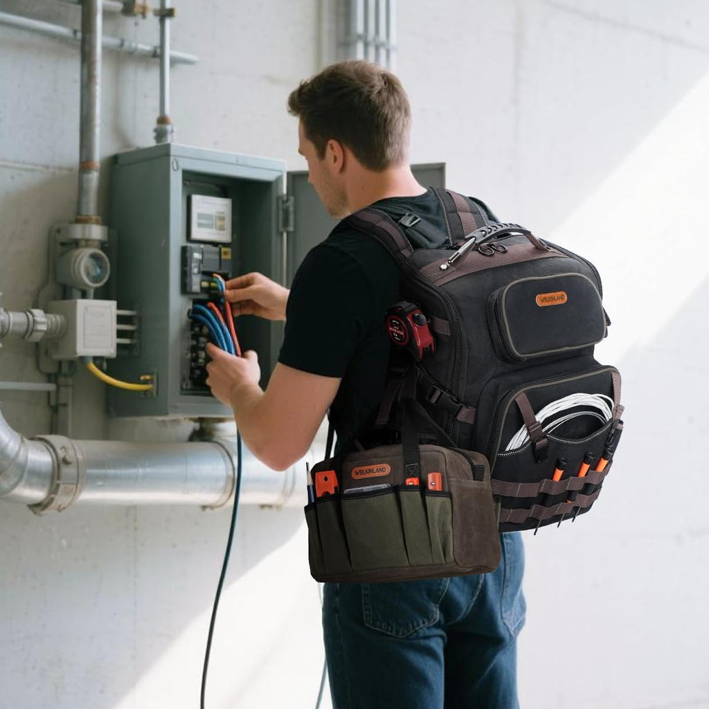 Ensemble sac à dos et trousse à équipements WELKINLAND à 60 poches destiné à électricien, sac à dos robuste destiné à CVC, sac à dos à équipements en toile cirée imperméable, sac à dos à équipements de mécanicien entièrement ouvert, sacs à dos...
