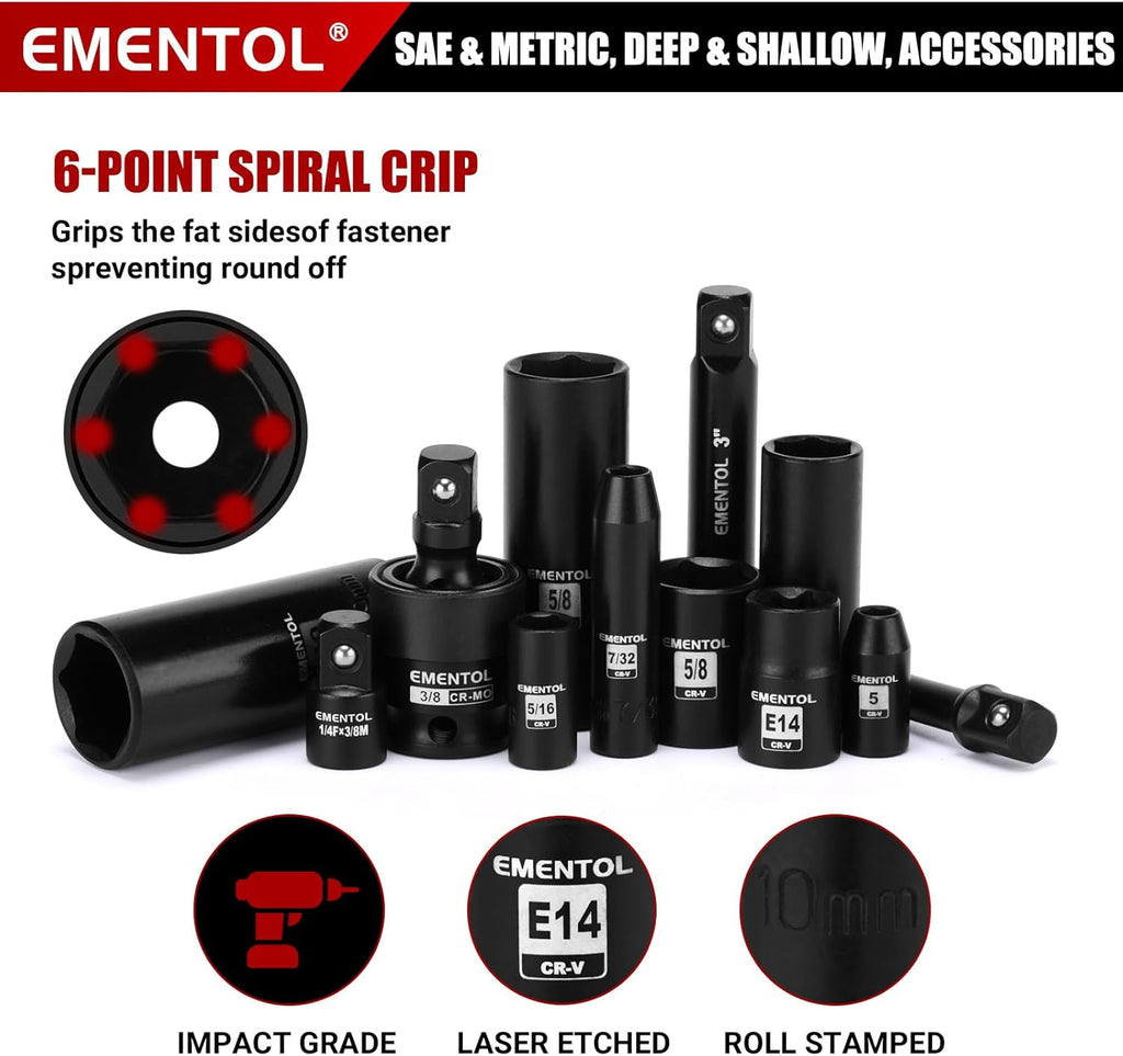 Ensemble de douilles à impact EMENTOL 189 pièces, entraînements métriques et SAE 1/4 et 3/8, acier CR-V, comprenant douilles profondes et courtes, cliquets, embouts, rallonges, douille destiné à bougies et plus encore