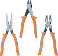 Ensemble pour 3 pinces isolées Klein Tools 9420R 1000V, fabriqué aux États-Unis, comprenant une pince à bec long, une pince coupante latérale et une pince coupante diagonale.
