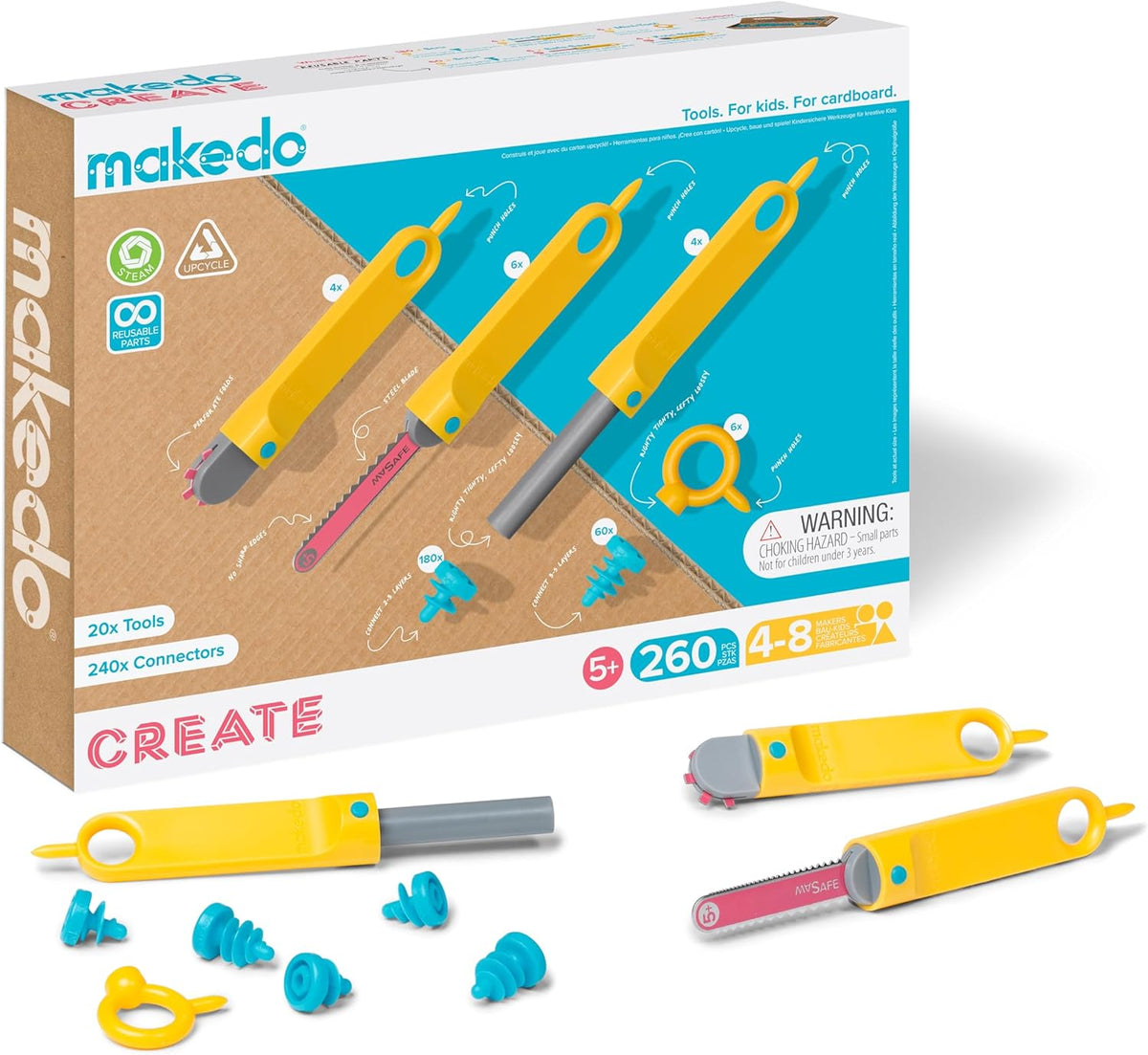 Makedo Create | Ensemble d'équipements de construction en carton recyclé (260 pièces) | Jouets éducatifs STEM + STEAM destiné à jouer à la maison et apprendre en classe | équipements réutilisables destiné à les enfants de 5 ans et plus