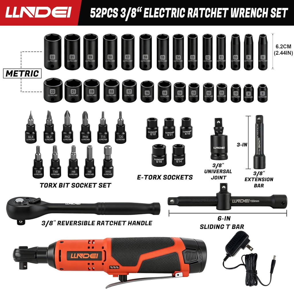 Clé à cliquet électrique sans fil LLNDEI doté de jeu de douilles, cliquet 3/8", couple de 54 Nm (40 pi-lb) à vitesse réglable, batterie lithium-ion 2000 mAh et chargeur inclus, 52 pièces