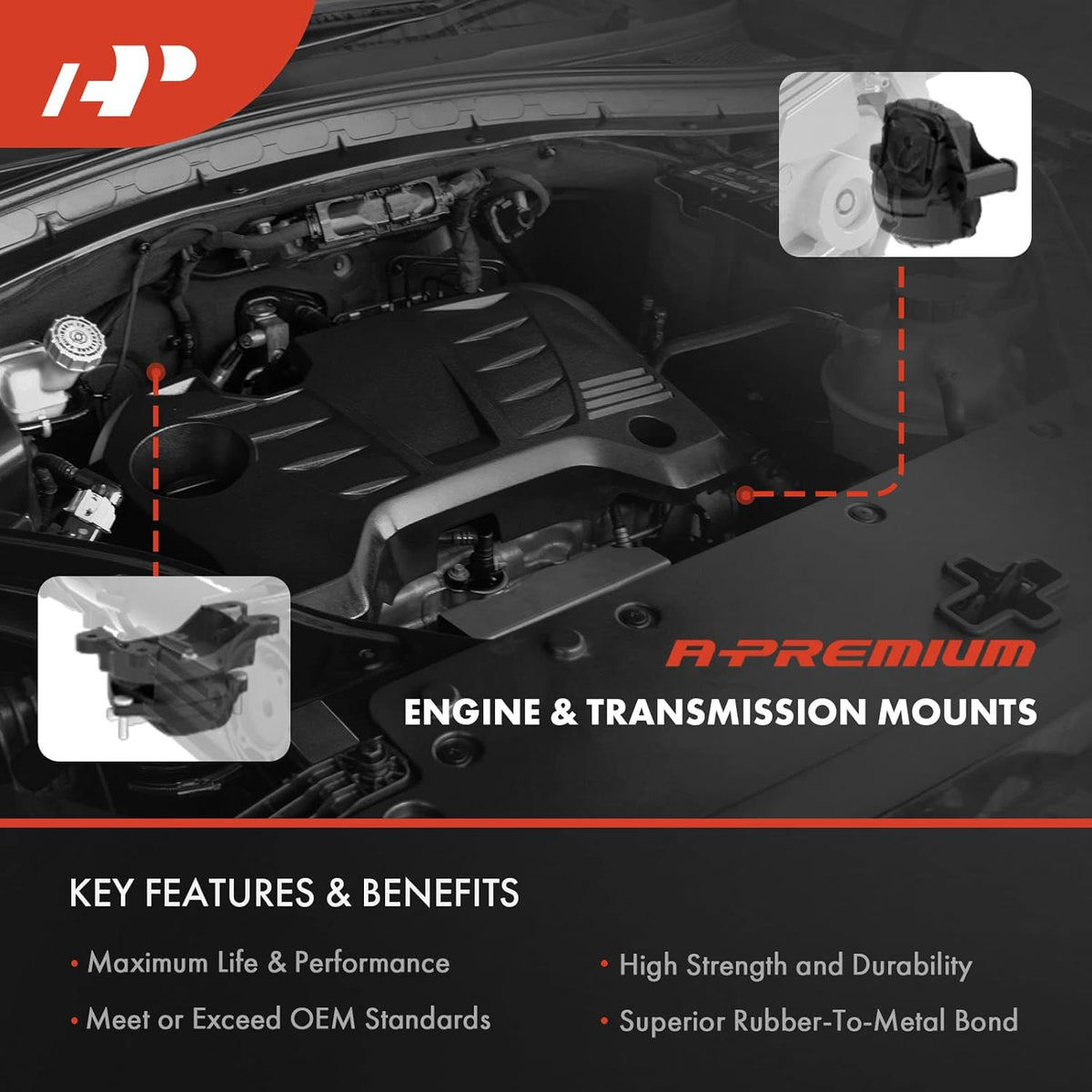 Ensemble de 4 supports moteur et de transmission A-Premium compatible doté de Chevrolet Malibu 2004-2007, Pontiac G6 2005-2007 et Saturn Aura 2007-2008 (V6 3,5 L, transmission automatique).