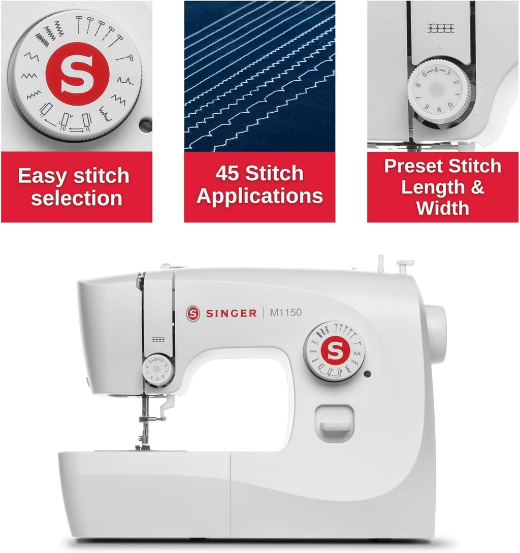 Machine à coudre portable SINGER® M1150 (blanche) doté de accessoires | 16 points intégrés offrant 45 applications de couture | Canette à chargement par le haut, boutonnière en 4 étapes, éclairage LED | Idéale destiné à les débutants