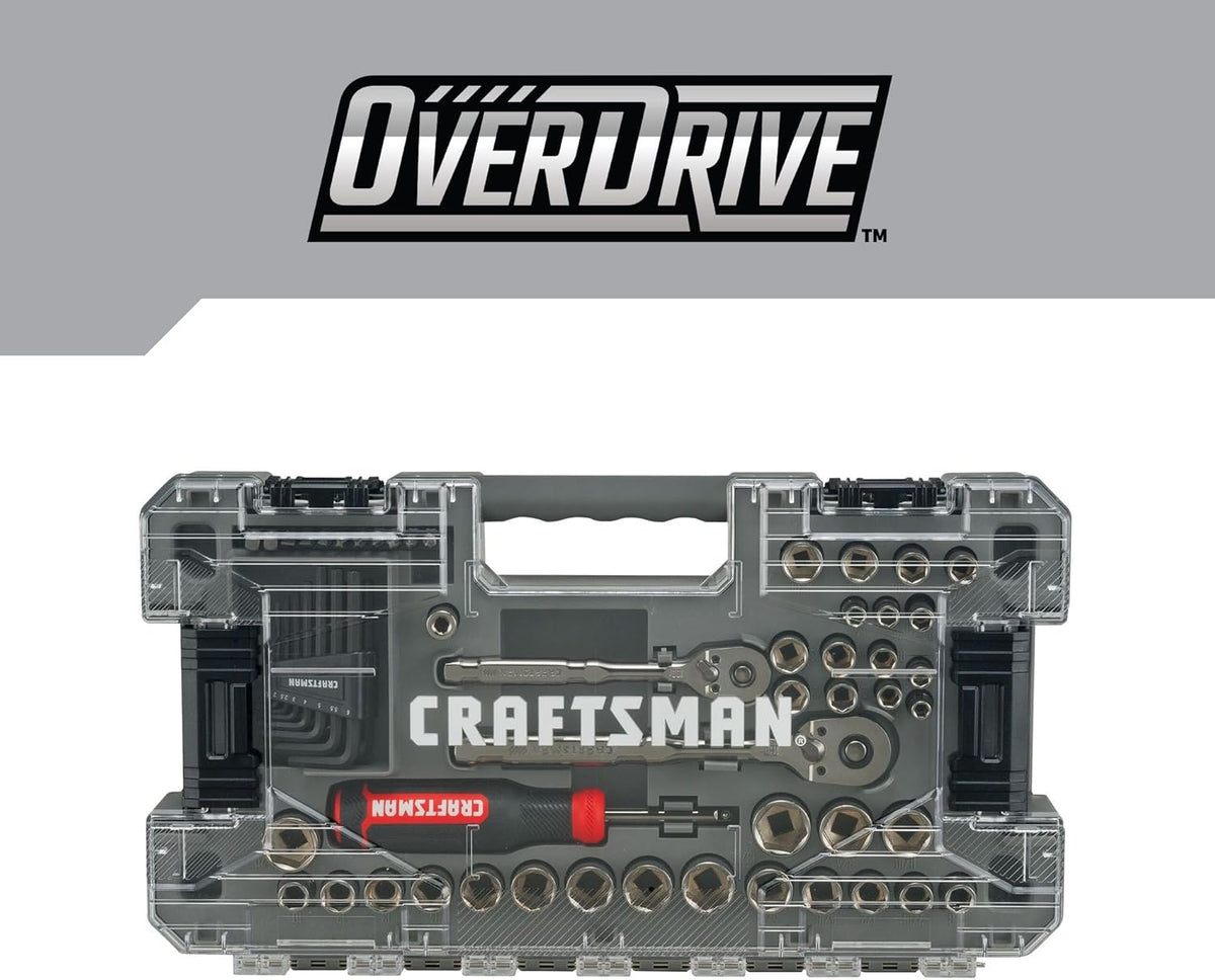 Ensemble d'équipements de mécanicien CRAFTSMAN OVERDRIVE 64 pièces, finition chrome canon de fusil, jeu de douilles standard SAE/métriques, doté de étui rigide (CMMT99064)