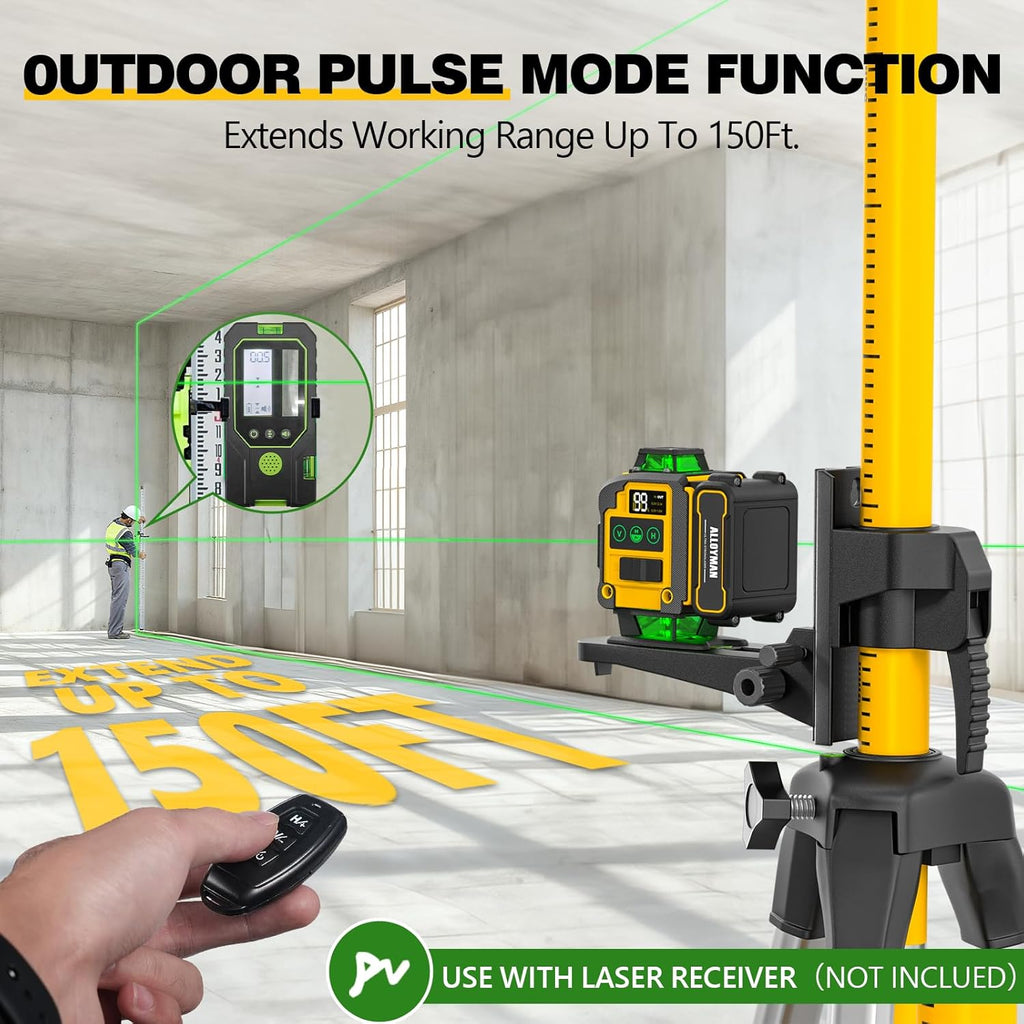 Niveau laser autonivelant Alloyman 4x360°, perche laser pour usage professionnel de 3,7 m (12 pi) doté de trépied, outil de niveau laser à ligne verte doté de 2 batteries Li-ion destiné à la pose de tableaux, de carrelage et la rénovation...
