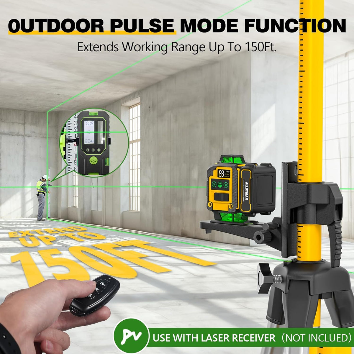 Niveau laser autonivelant Alloyman 4x360°, perche laser pour usage professionnel de 3,7 m (12 pi) doté de trépied, outil de niveau laser à ligne verte doté de 2 batteries Li-ion destiné à la pose de tableaux, de carrelage et la rénovation...