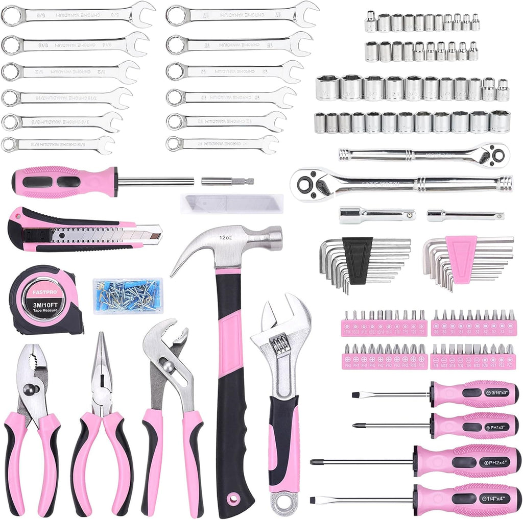Ensemble d'équipements rose FASTPRO 225 pièces, ensemble d'équipements à main de mécanicien SAE et métriques doté de boîte à équipements, ensemble d'équipements de réparation destiné à la maison et l'automobile, idéal destiné à le bricolage...