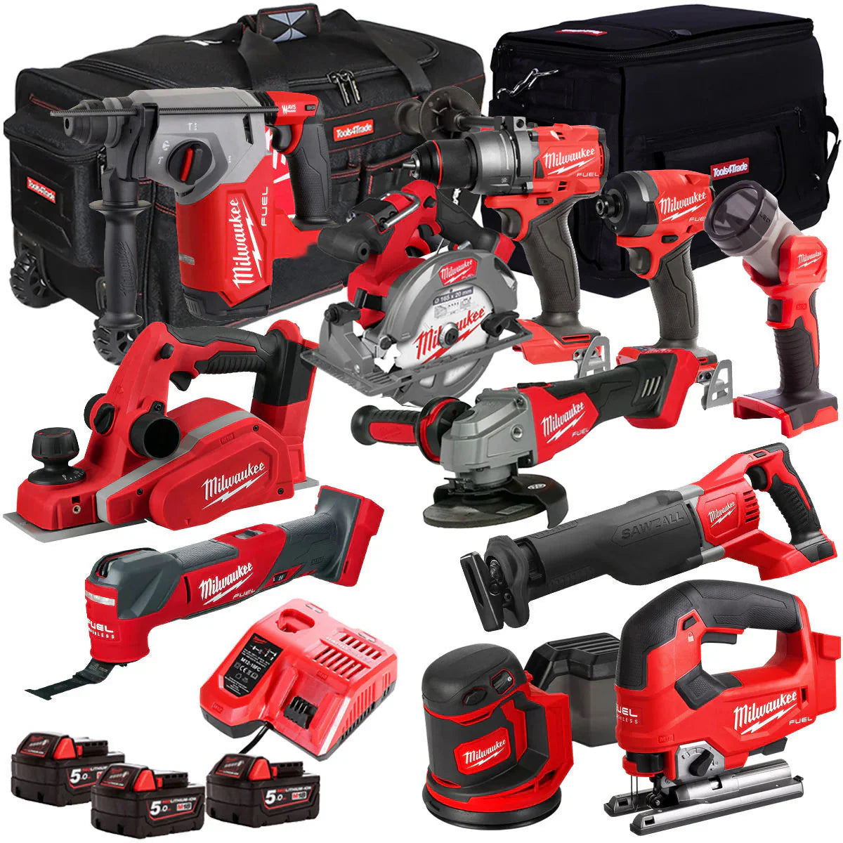 Ensemble d'équipements sans fil Milwaukee 18 V de 11 pièces doté de 3 batteries de 5,0 Ah et chargeur dans un sac T4TM-9