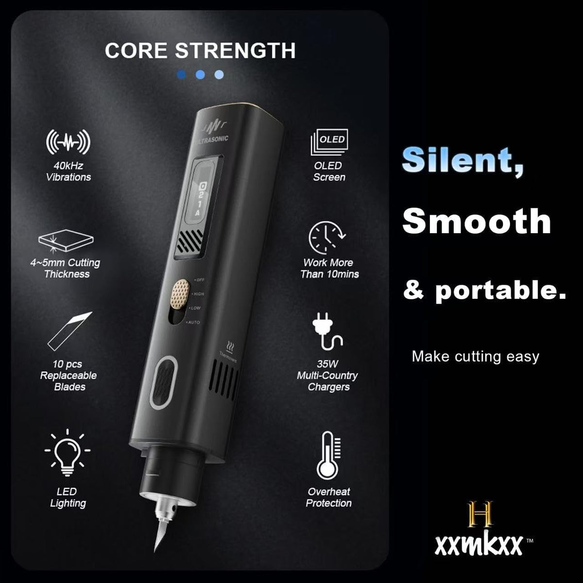 Couteau de découpe ultrasonique portatif Pro 40 kHz 35 W, 50 lames de rechange, ensemble d'équipements de découpe multifonctionnel à puissance réglable destiné à modèles imprimés en 3D, plastique, bois, résine, acrylique, cuir