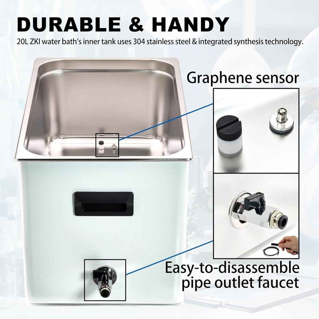 Bain-marie de laboratoire ZKI 20L, bain-marie thermostatique de laboratoire 1500W, précision ±0,2°C et résolution 0,1°C, 14 modules chauffants à répartition uniforme de la chaleur, kit de 9 pièces destiné à une utilisation en laboratoire...