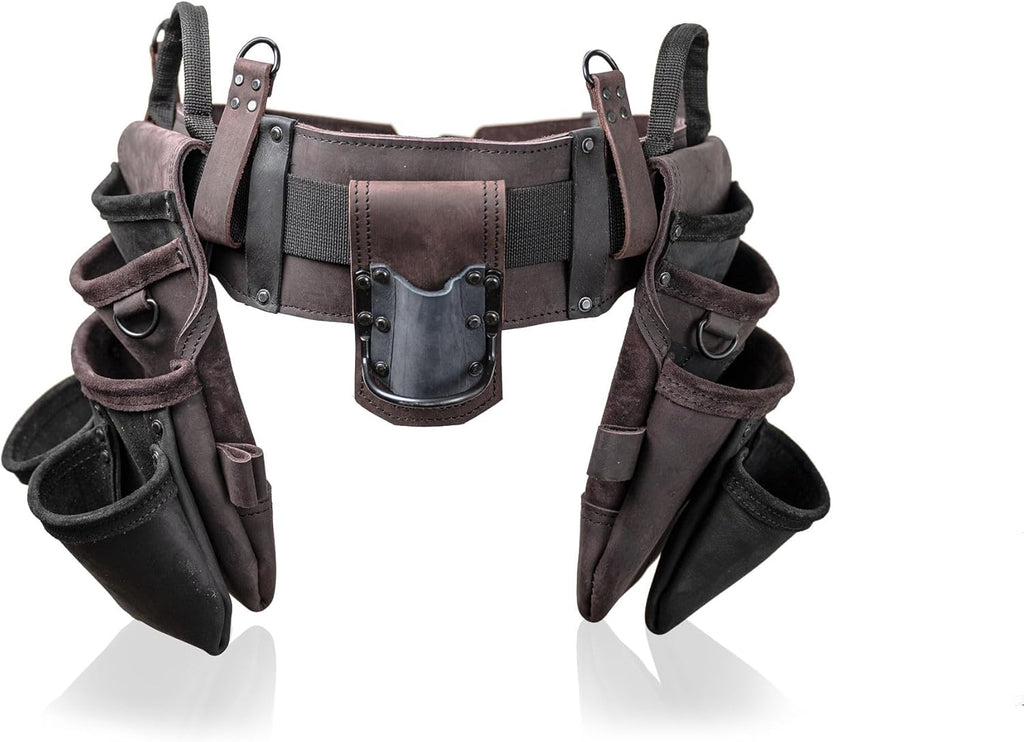 Ceinture porte-équipements LAUTUS en cuir pleine fleur robuste destiné à charpentiers, menuisiers et électriciens, 18 poches, porte-marteau, 2 anneaux en D, 2 passants, clip destiné à mètre ruban, ceinture épaisse