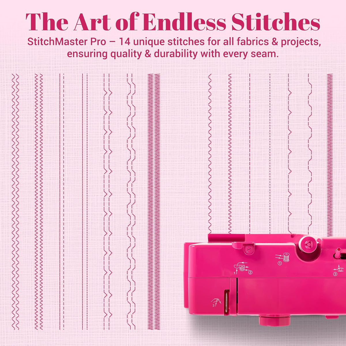 Machine à coudre StitchMaster Pro - Compatible doté de les aiguilles doubles, 14 points, facile à utiliser destiné à les débutants et les particuliers (rose)