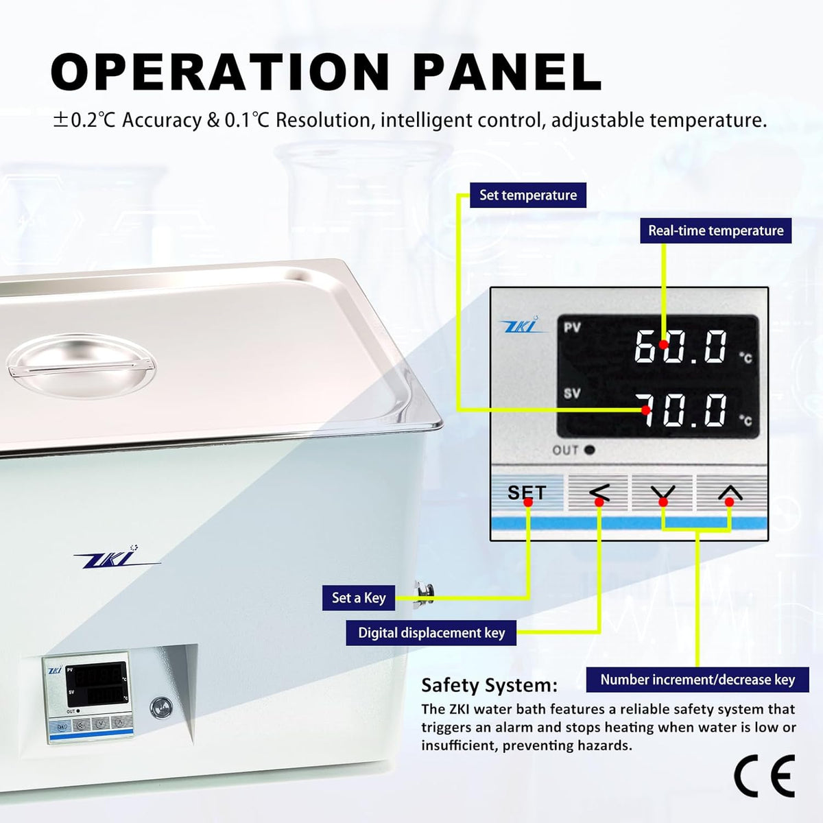 Bain-marie de laboratoire ZKI 20L, bain-marie thermostatique de laboratoire 1500W, précision ±0,2°C et résolution 0,1°C, 14 modules chauffants à répartition uniforme de la chaleur, kit de 9 pièces destiné à une utilisation en laboratoire...