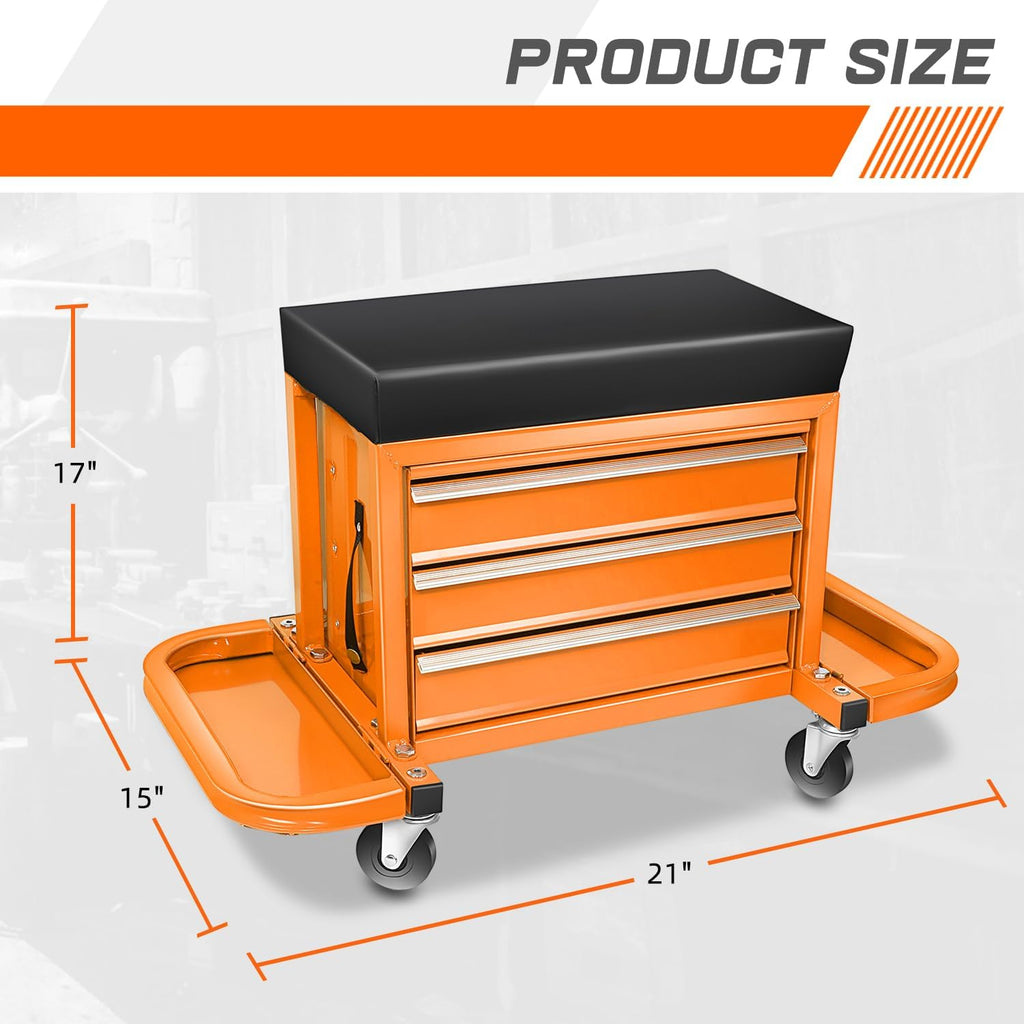 Coffre à outils à 3 tiroirs PM PERFORMOTOR avec siège de mécanicien roulant et plateaux à outils, capacité de charge maximale de 159 kg, orange, PM-TOL-RST1-OG – Pratique