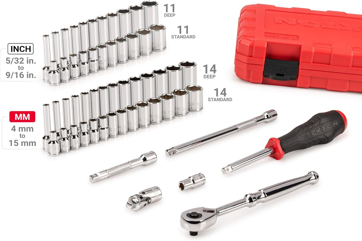 Coffret TEKTON de 56 douilles et cliquet 6 pans (entraînement 1/4 po, 4-15 mm) doté de étui | SKT05303