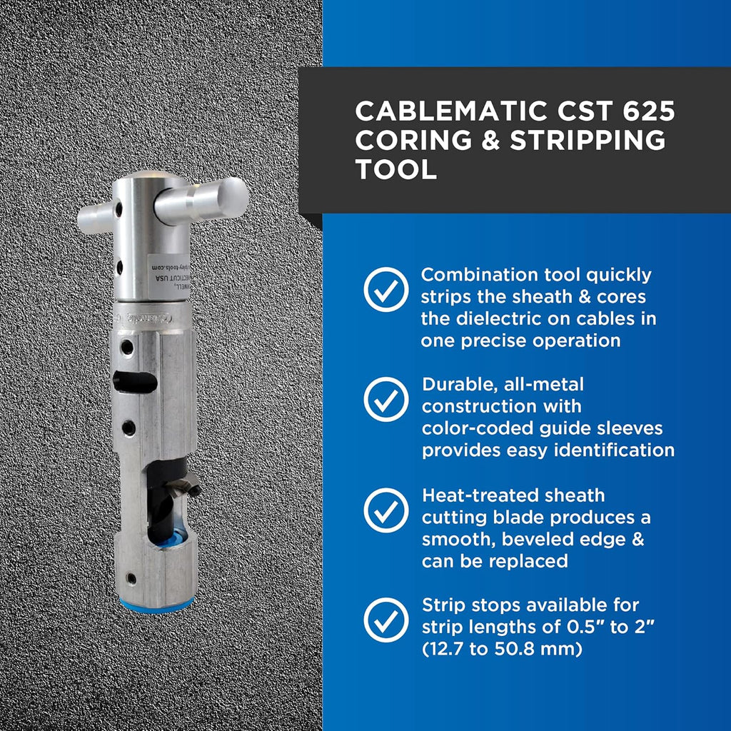 Dispositif combiné de carottage et de dénudage Cablematic CST 625 bleu destiné à techniciens, électriciens et installateurs professionnels, outil facilement transportable destiné à câble 625 kcmil, 370 g