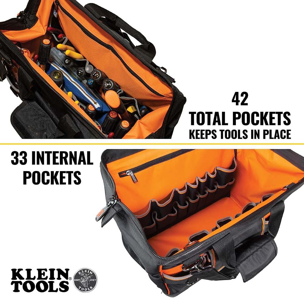 Sac à équipements Klein Tools 55469 Tradesman Pro à grande ouverture, en tissu balistique 1680, doté de fond moulé et bandoulière amovible.