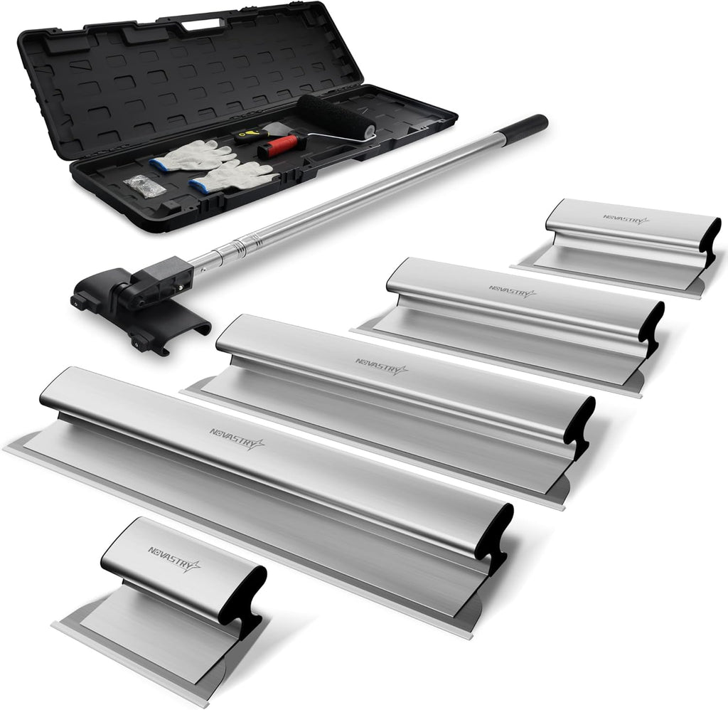 Kit pour usage professionnel de lames à enduire destiné à cloisons sèches (12, 16, 24, 32 et 40 pouces), équipements de finition murale en acier inoxydable doté de rallonge, rouleau et couteau à mastic, ensemble léger doté de mallette de transport