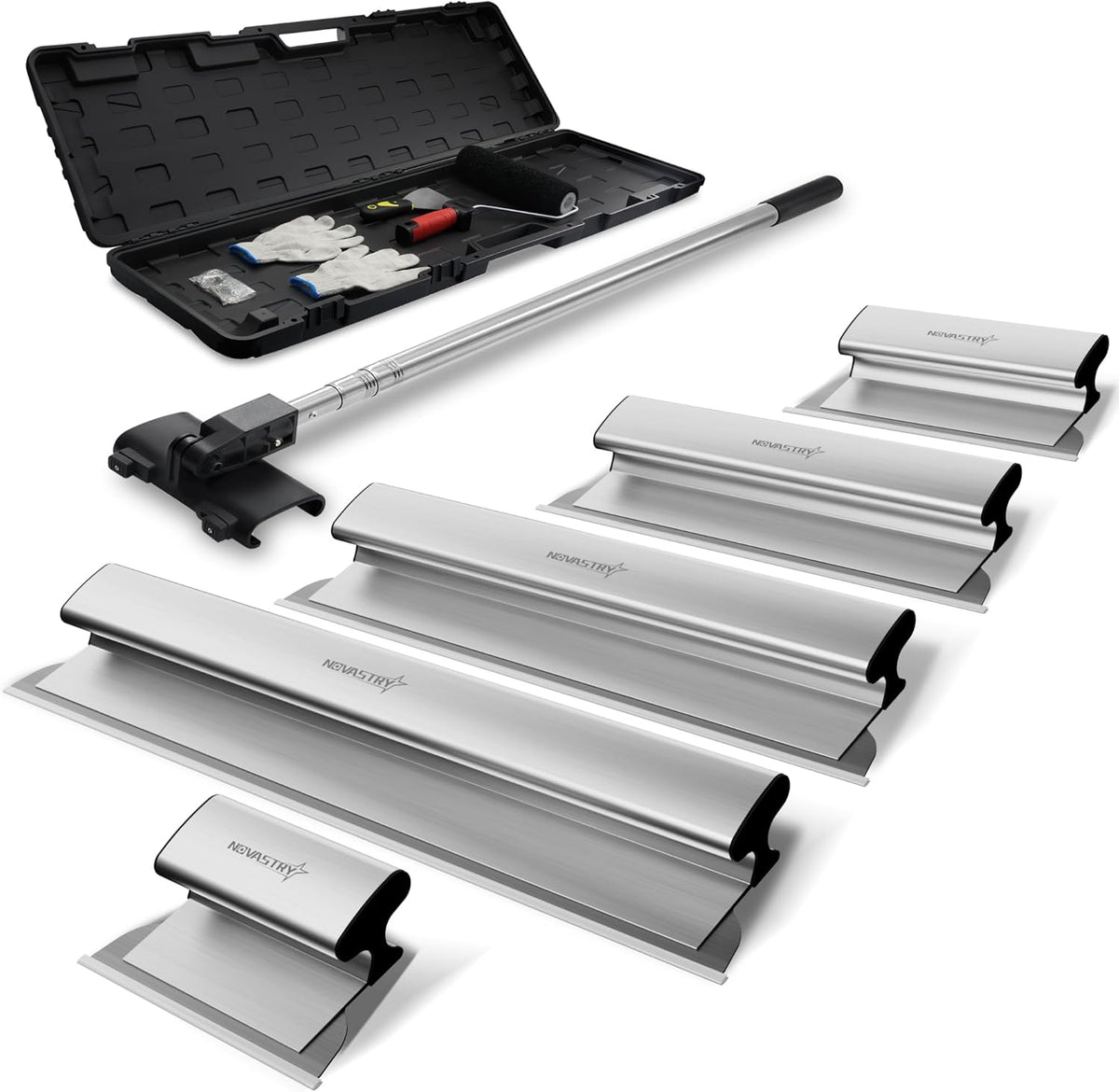 Kit pour usage professionnel de lames à enduire destiné à cloisons sèches (12, 16, 24, 32 et 40 pouces), équipements de finition murale en acier inoxydable doté de rallonge, rouleau et couteau à mastic, ensemble léger doté de mallette de transport