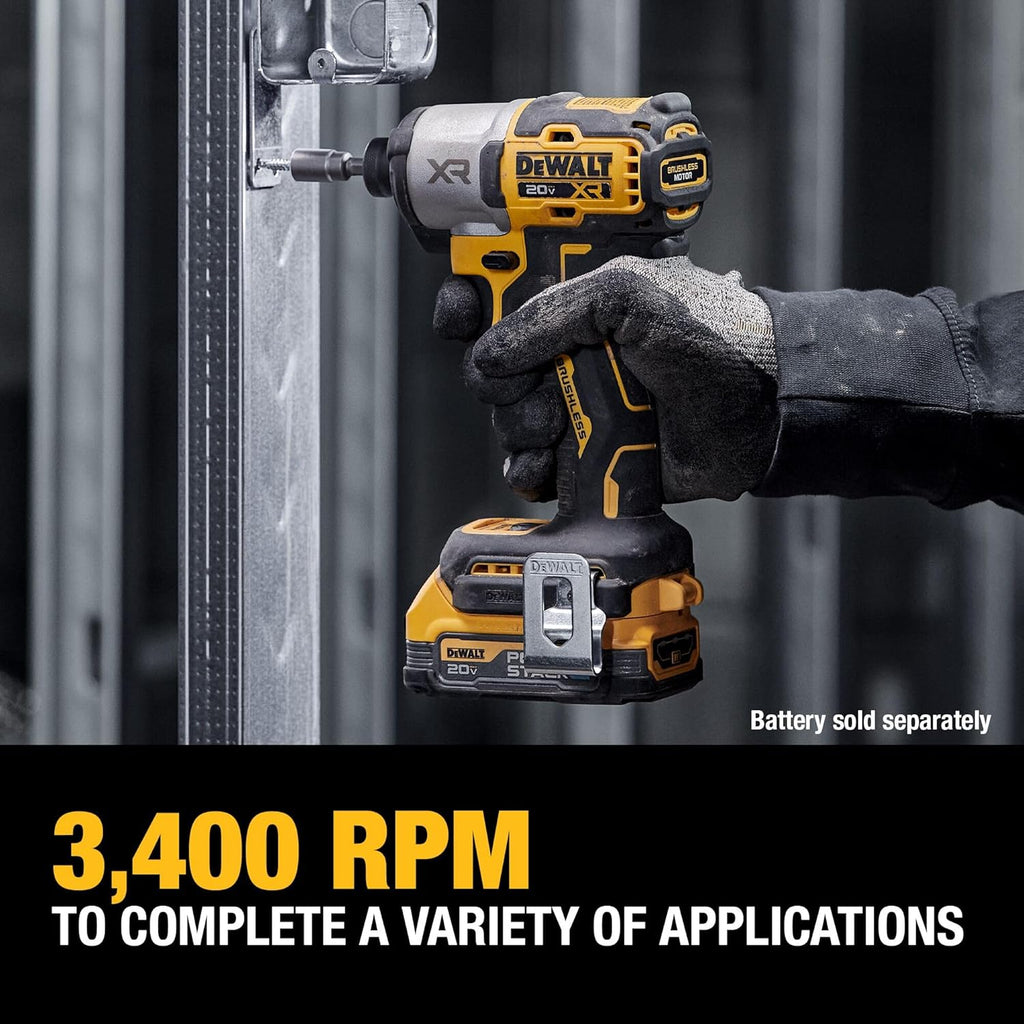 Visseuse à chocs DEWALT 20V MAX XR, 1/4 pouce, sans balais, couple élevé, 3 vitesses, sans fil haut de gamme doté de lumière DEL, autonomie prolongée, outil seul (DCF845B)
