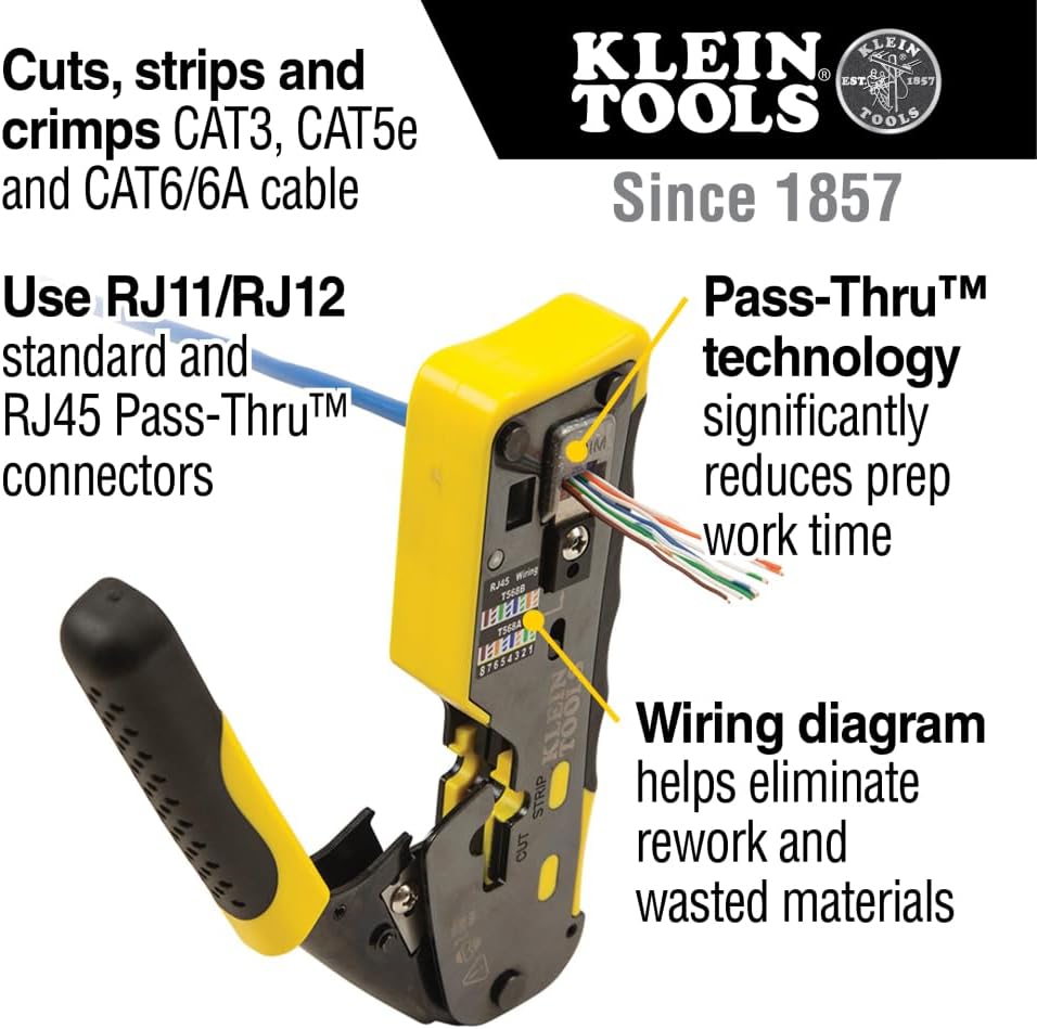Ensemble de testeur de câbles RJ45 Klein Tools 80072 doté de LAN Scout Jr. 2, outil de sertissage/dénudage/coupe coaxial et paquet de 50 fiches de données modulaires traversantes