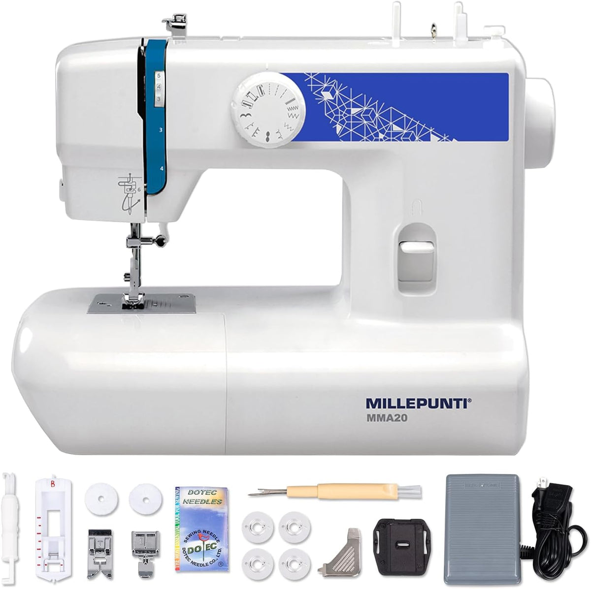 Machine à coudre MILLEPUNTI MMA20 destiné à adultes débutants, 13 points intégrés, kit d'accessoires inclus, légère et compacte, idéale destiné à les projets de couture DIY (seniors, adultes, emménagement, débutants).