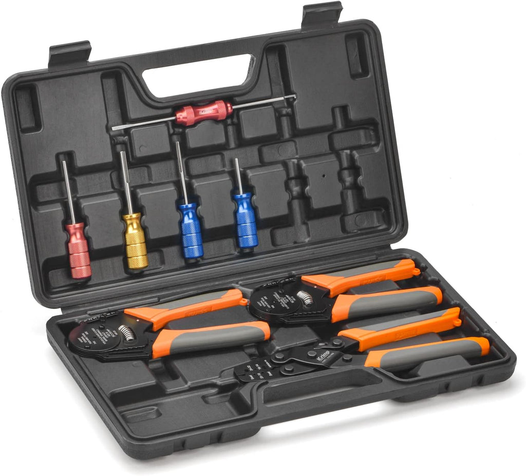 ensemble d'équipements de sertissage de fils IWISS iCrimp KIT-DC02 destiné à connecteurs Deutsch et bornes Weather Pack doté de équipements d'extraction de connecteurs