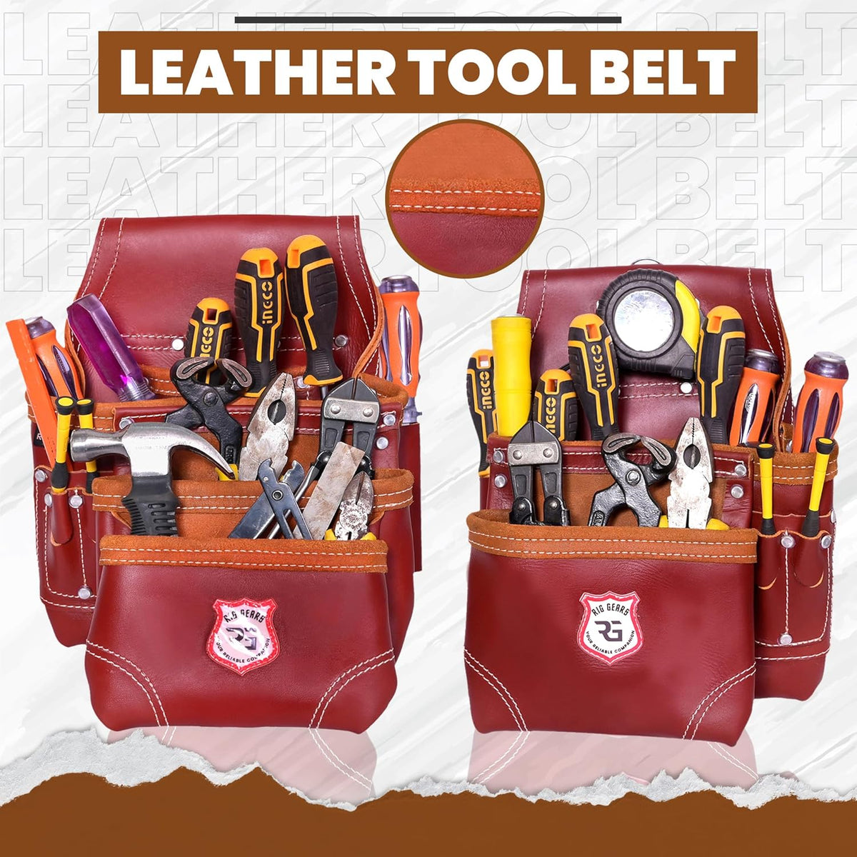 Ensemble de 11 pochettes à équipements professionnelles en cuir destiné à équipements de charpentier et d'électricien | Pochette robuste destiné à équipements de plaquiste, d'électricien et de charpentier (bordeaux, standard)