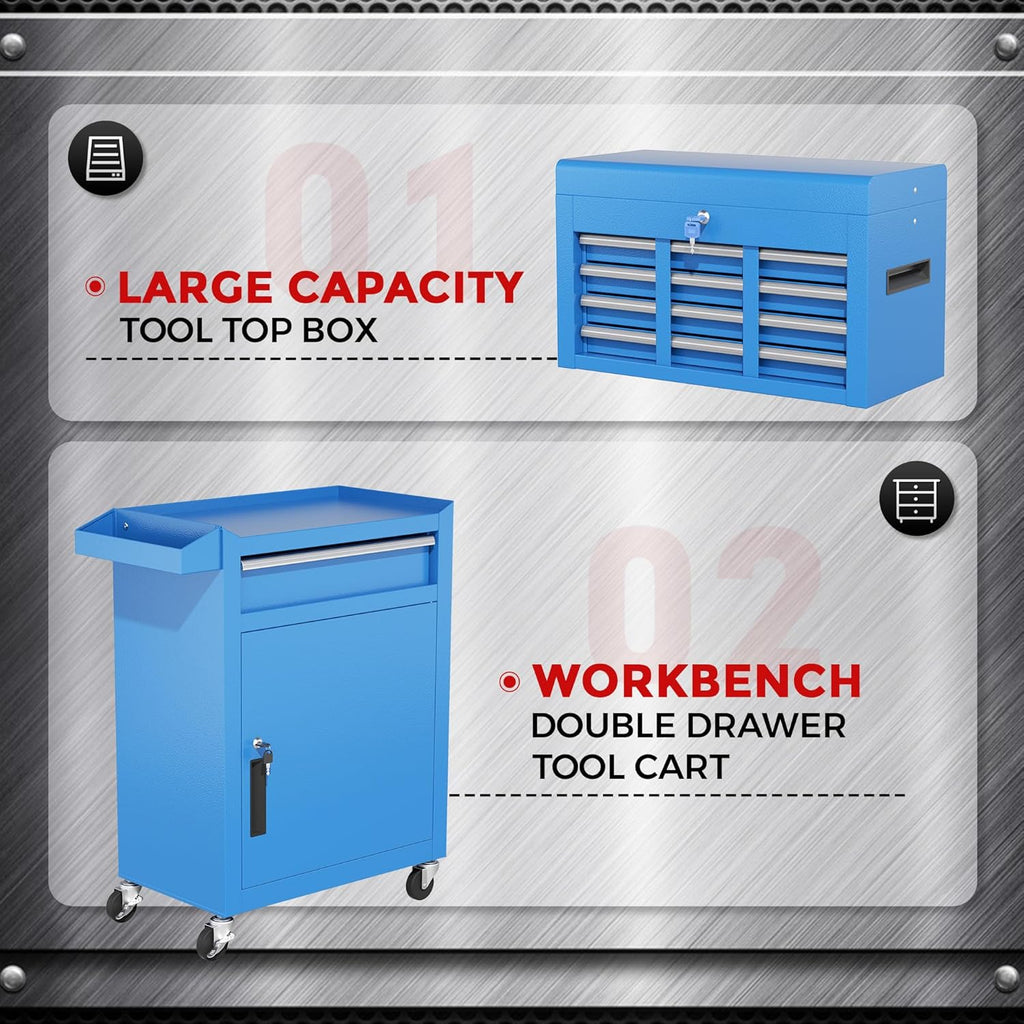 Coffre à outils bleu INTERGREAT, coffre à outils roulant à 5 tiroirs avec boîte à outils supérieure amovible, coffre à outils avec roues universelles verrouillables, servante à outils en métal pour garage, atelier, salon de coiffure