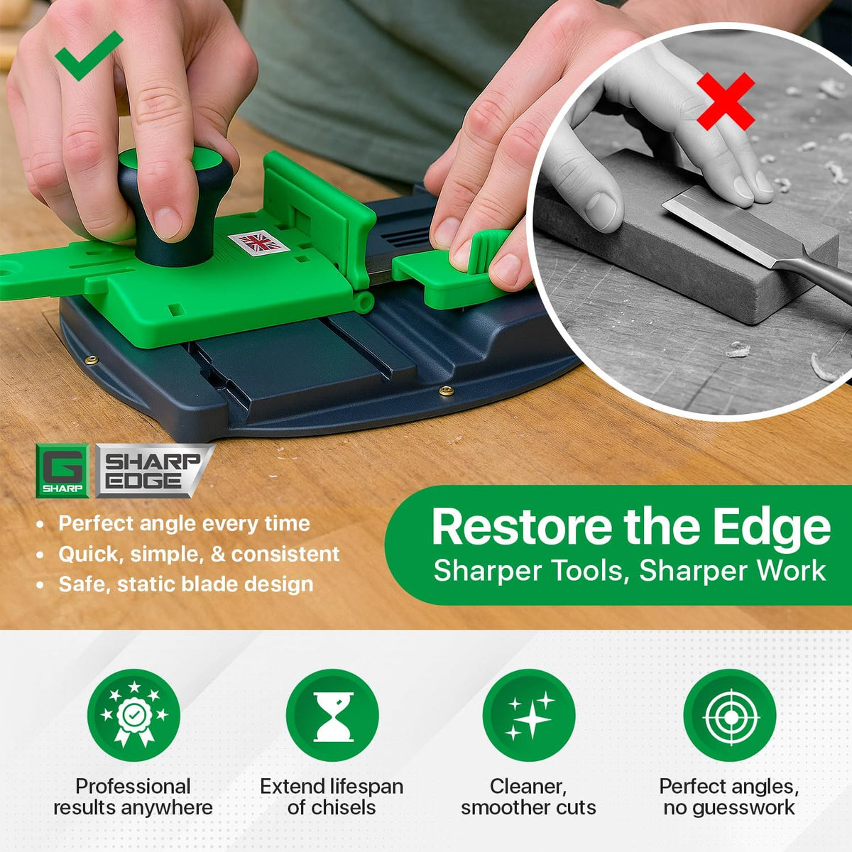 Affûteur pour ciseaux à bois G Sharp Edge - Kit d'affûtage de ciseaux à bois - Affûte les lames de 3 mm à 85 mm de large - Léger, robuste et facile à transporter