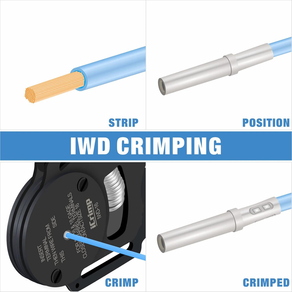 ensemble d'équipements de sertissage de fils IWISS iCrimp KIT-DC02 destiné à connecteurs Deutsch et bornes Weather Pack doté de équipements d'extraction de connecteurs