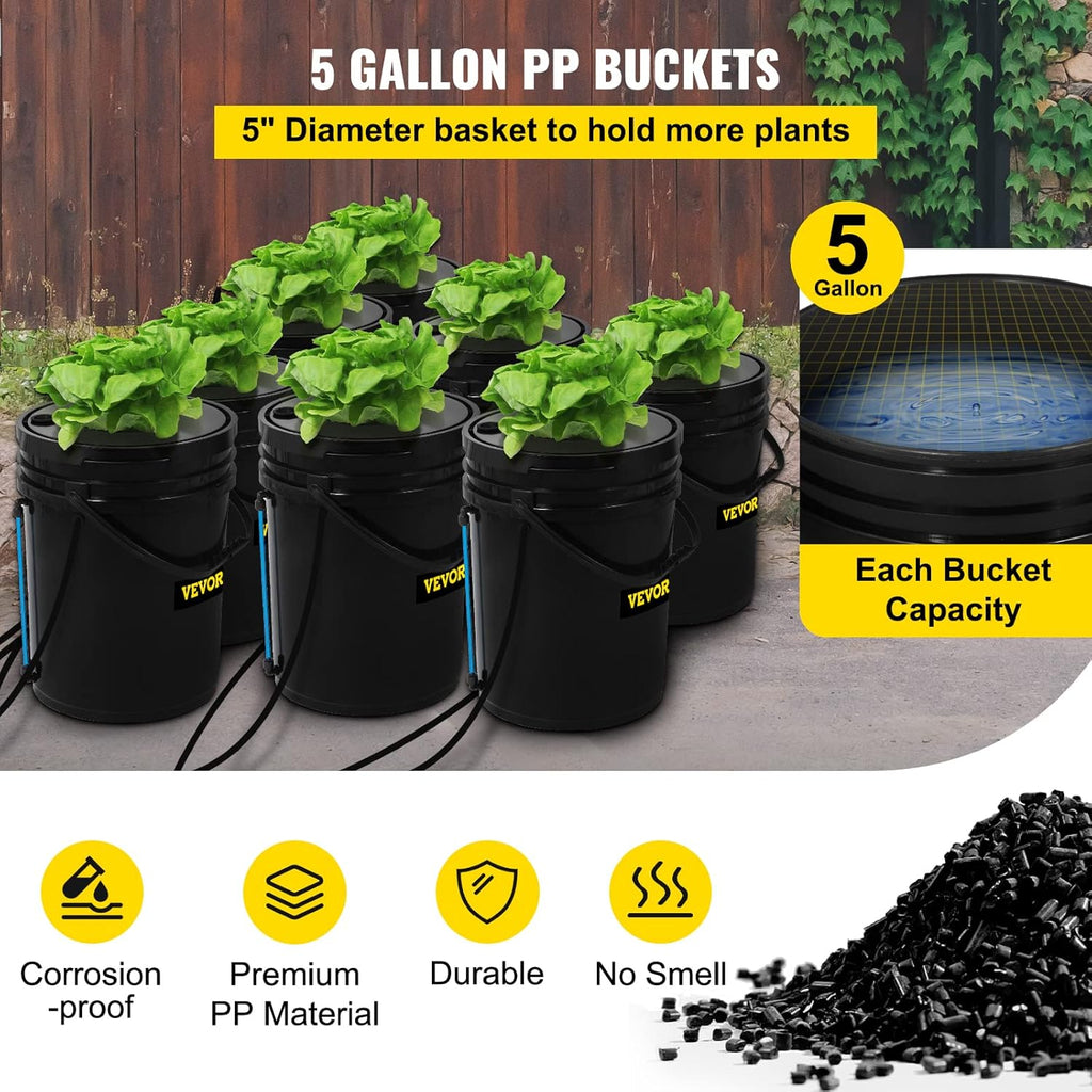 Système hydroponique VEVOR DWC 5 gallons (19 litres) doté de 8 seaux, kit de culture hydroponique en eau profonde, pompe, pierre à air et dispositif de contrôle du niveau d'eau destiné à légumes-feuilles d'intérieur/extérieur